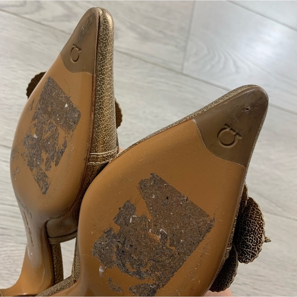 Salvatore Ferragamo Gold Floral Kitten Heel Open Back Heels - Picture 10 of 13